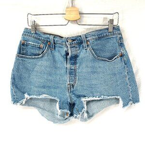 Levi's 501 button fly high rise waist jean shorts boho festival blue denim 31